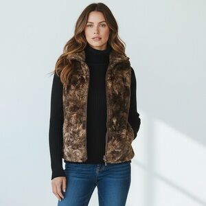 Vintage Andrea Faye Brown Faux Fur Vest • Made in USA • Cinch Waist • Sz S